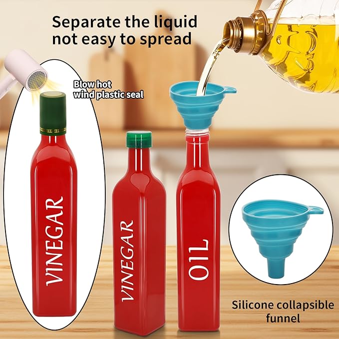 Olive Oil Dispenser Bottle,2 Pcs 17oz 500ml Glass O il and Vinegar Dispenser Set with 2 Stainless Steel Pourers, 8 Labels,Funnel Vinegar Bottles for Kitchen (Red)