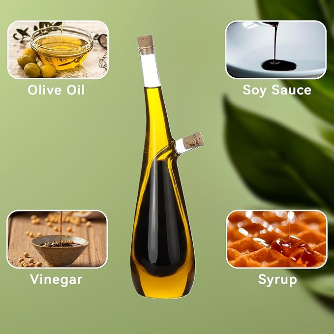 Lily's Home Glass Olive Oil and Vinegar Dispenser Bottle, for Kitchen Counter Cooking Salad, Dressing Leakproof 2 in 1 Cruet Containers (15 Ounces & 10 Ounces)