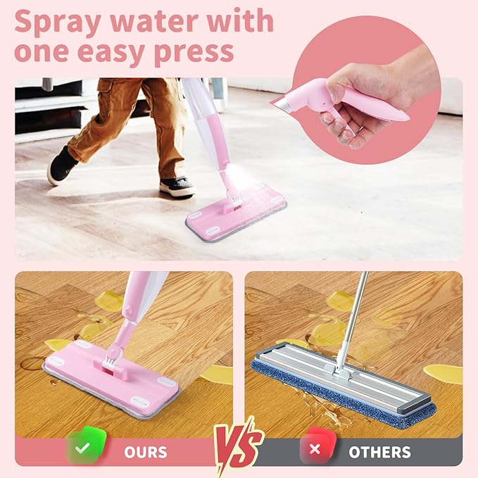 Kids Spray Mop,Fun & Functional Toddler Cleaning Set,Real Working Mop for Floors,Pretend Play – Includes Spray Bottle, 2 Washable Microfiber Pads, Montessori Kids Cleaning Toy Set -Pink