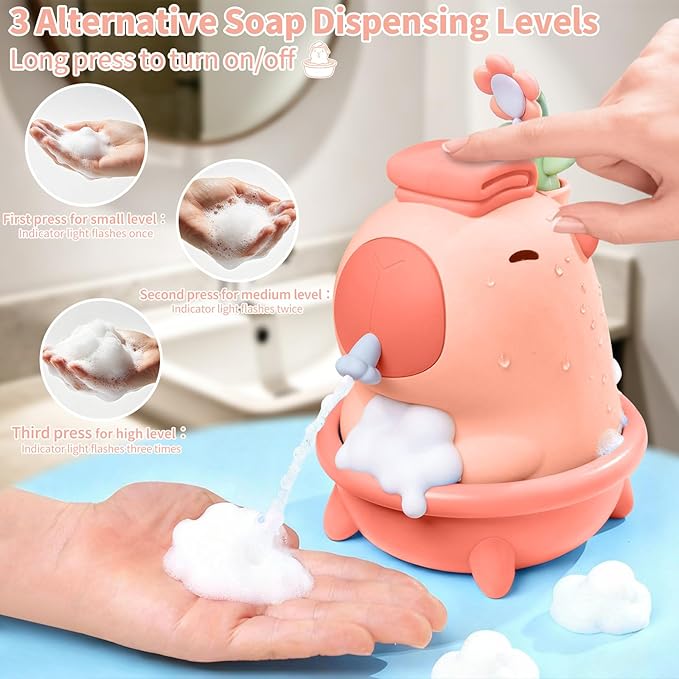 Pink Capybara Soap Dispenser - Kids Automatic Foam Hand Soap Dispenser Touchless,Wall Mount Waterproof USB Rechargeable, 9.5oz for Bathroom, Office, Hotel, Hospital, Preschool Children