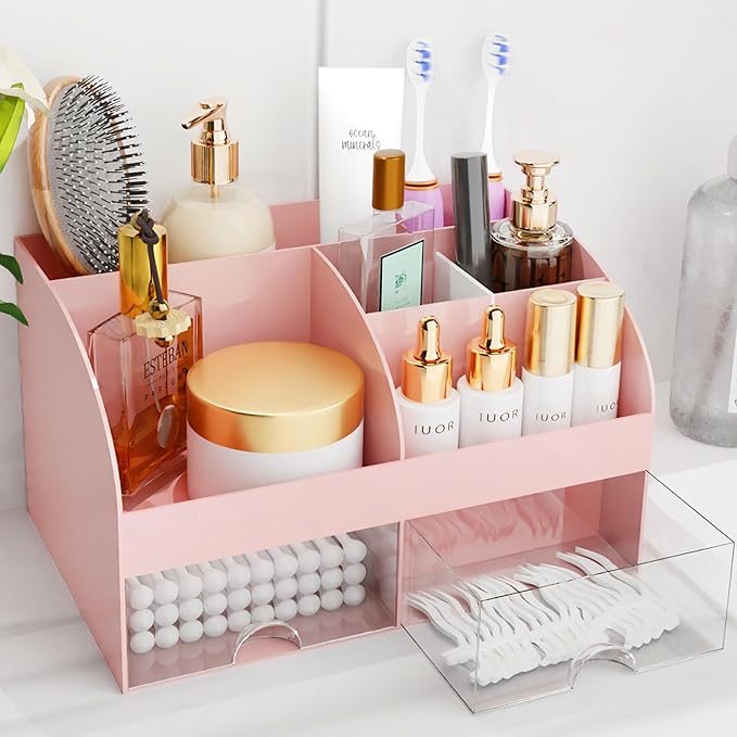 Makeup Organizer with Drawers, Cosmetic Storage for Dresser Vanity and Bathroom Countertop, Beauty Holder for Lipstick Brush, Skincare Organizer for Vanity, Cosmetic Display Case (Pink)