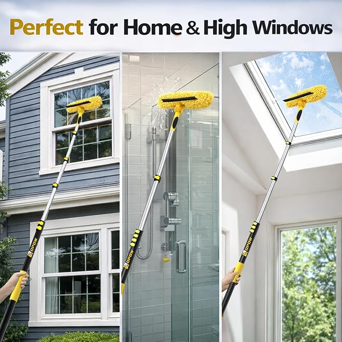 30FT High Reach Window Squeegee with Extension Pole, 2 in 1 Window Washing Kit with 6-Stage Telescopic Pole & Rotatable Head