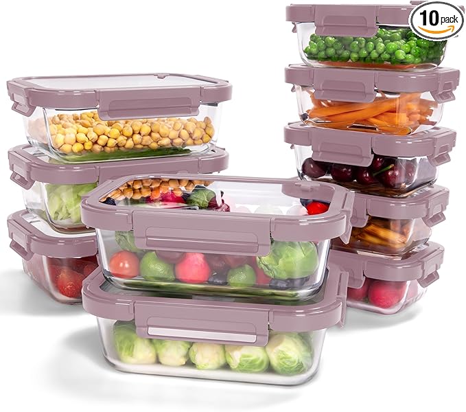 10-Pack Glass Food Storage Containers with Tempered Lids – Borosilicate, Airtight, Oven-Safe (-4°F~950°F), BPA-Free, 4.4 & 1.6 Cup, Leak-Proof