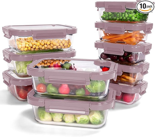 10-Pack Glass Food Storage Containers with Tempered Lids – Borosilicate, Airtight, Oven-Safe (-4°F~950°F), BPA-Free, 4.4 & 1.6 Cup, Leak-Proof, Dishwasher Safe (Pink)
