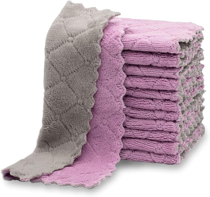 kimteny 12 Pack Kitchen Cloth Dish Towels, Premium Dishcloths, Super Absorbent Coral Velvet Dishtowels, Nonstick Oil Washable Fast Drying (Purple-Grey)