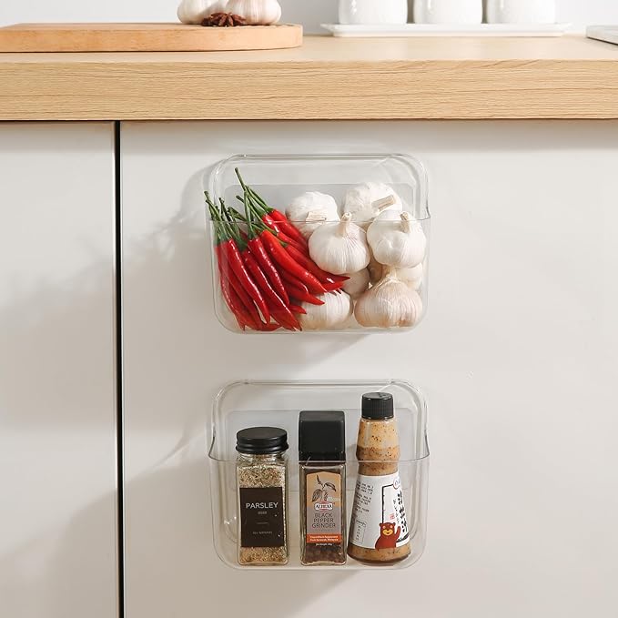 2 Pack Adhesive Cabinet Door Organizer, Compact Kitchen Under Sink Organizer, Clear Lid Storage Container for Pantry Shelves, Wall Mounted Bathroom Shower Caddy Hanging Closet Organizer