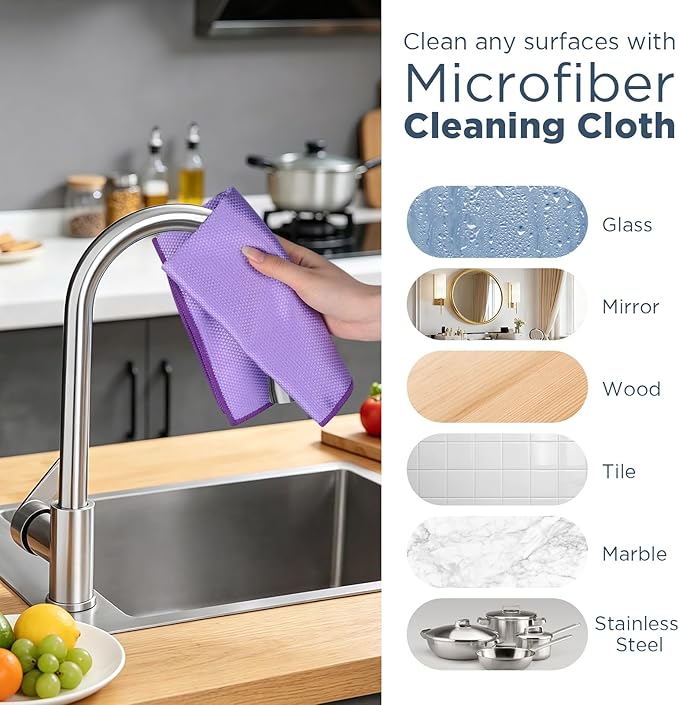 SINLAND Microfiber Glass Cleaning Cloth, 6PK, Lint Free Cleaning Cloths for Window, Car Windows, Mirrors, and Stainless Steel, Glass and Window Cleaner 16x16 Inch