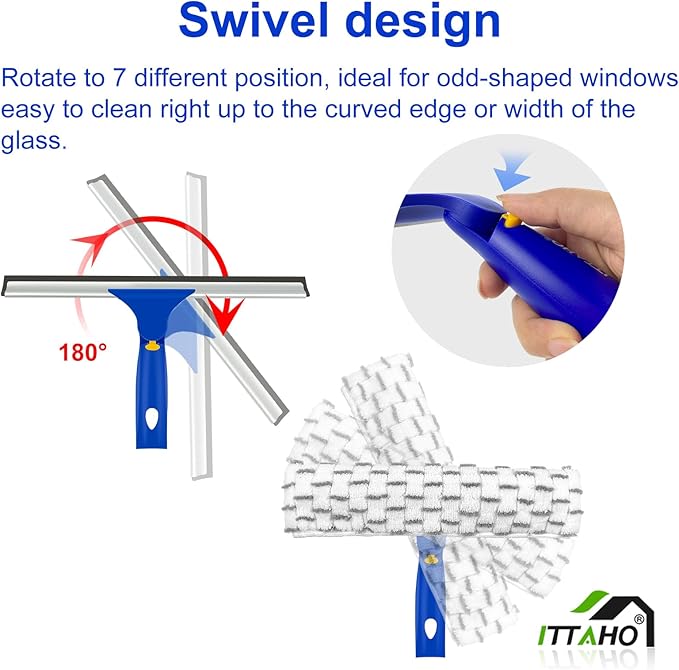 ITTAHO Window Squeegee Cleaner Tool,Window Cleaning Kit with Extension Pole,12" Squeegee and 11" Microfiber Scrubber Combi
