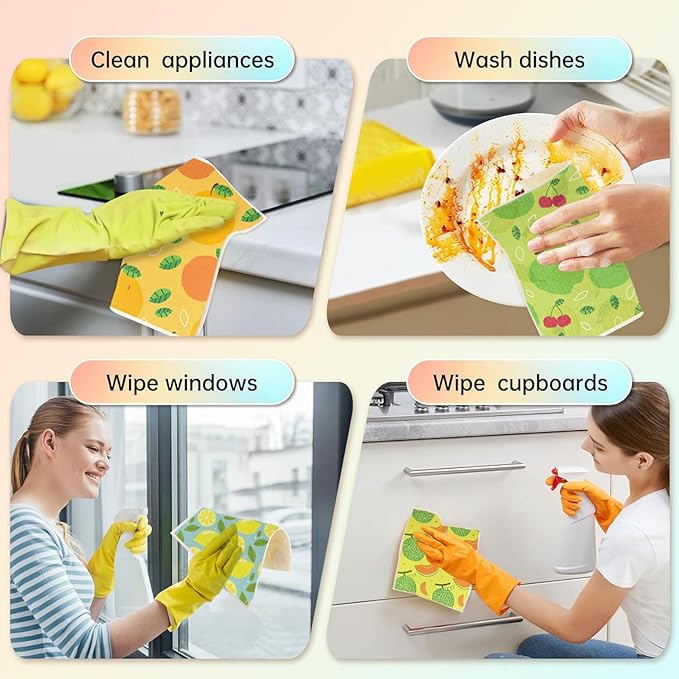 6 - Pack Swedish Kitchen Dish Cloths - Reusable Paper Towels for Counters & Dishes - Eco Friendly Cellulose Sponge Cloth (Fruits)
