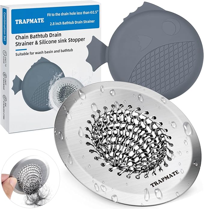 TRAPMATE Shower Drain Hair Catcher, 2.8" Fast Drainage Bathtub Stopper Drain Strainer Kit, Stainless Steel Shower Drain Cover, Bathtub Drain Protector for Sinks & Tubs (Patented Product)