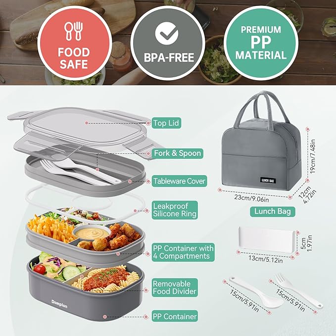 2 Layers Bento Box, All-in-One Stackable Lunch Container with Compartments