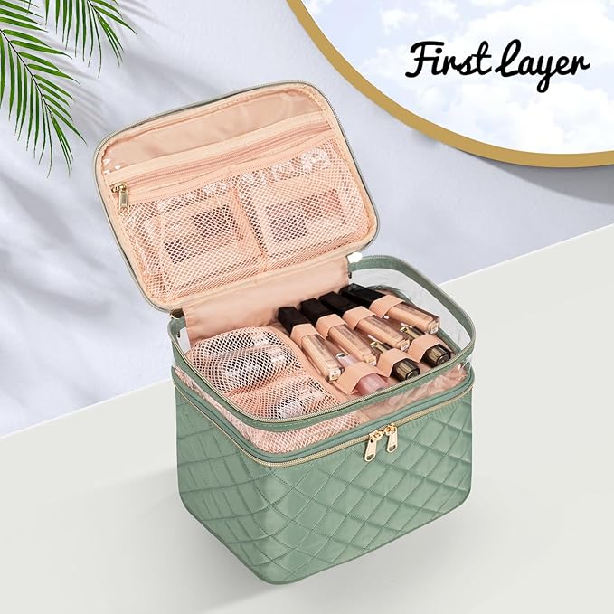 OCHEAL Large Makeup Bag, Double Layer Makeup Bag, Vertical Storage Cosmetic Case for Women/Girls with Multiple Compartments-Green