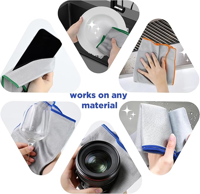 Puomue 12 Pack Microfiber Glass Cleaning Cloth, 320GSM Thick Lint Free Glass Towels, Reusable Window Cleaning Cloth for Windshields, Lenses, Glasses, Mirrors & Windows, Polishing Silver, 13.8" x 10.8"