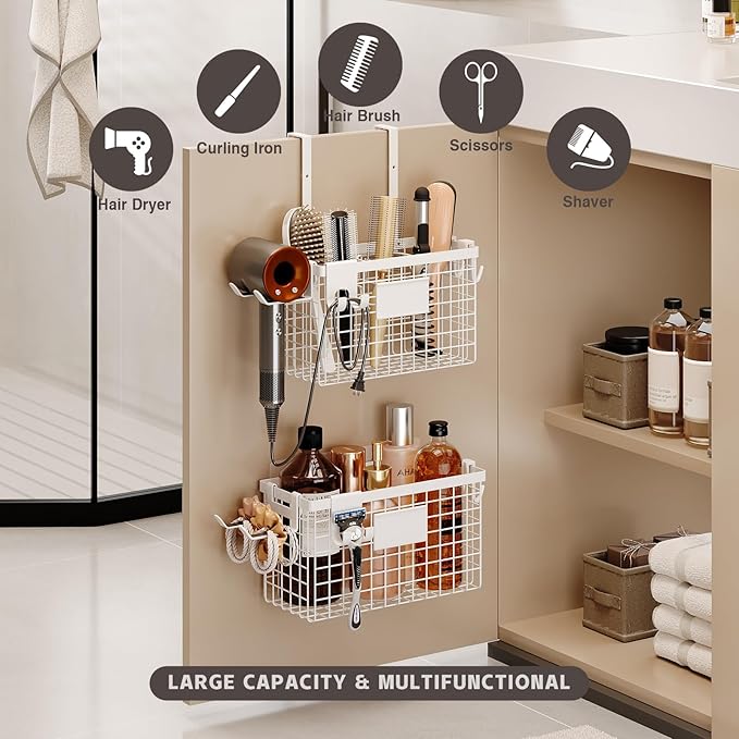 Magheo 2 Pack Hair Tool Organizer,Adhesive Hair Dryer Holder Cabinet Door/Wall Mounted Adjustable Height Blow Dryer Holder Under Sink Bathroom Hair Appliance Organizer and Storage Countertop(White)
