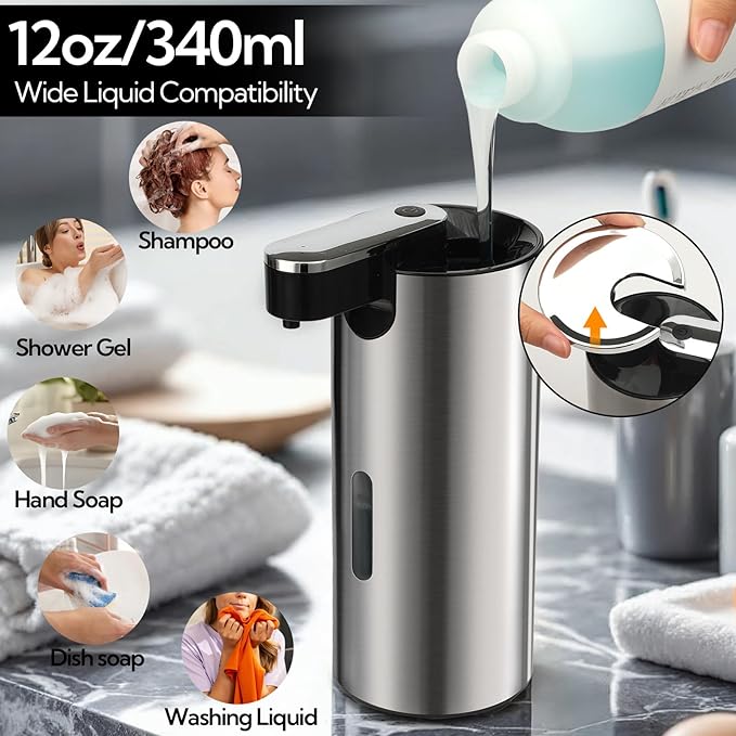 2 Pack Automatic Soap Dispenser Touchless, 13.5oz/400ml Stainless Steel Electric Sensor Pump with 3 Adjustable Volume, Clog-Free, Water-Resistant for Kitchen, Bathroom, Hotel, and School