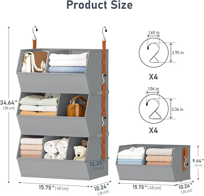 Hanging Closet Organizer Extra Large, Clothes Hanging Shelves for Closet with Divider, Collapsible Closet Storage System, Fabric Storage Bins for Home