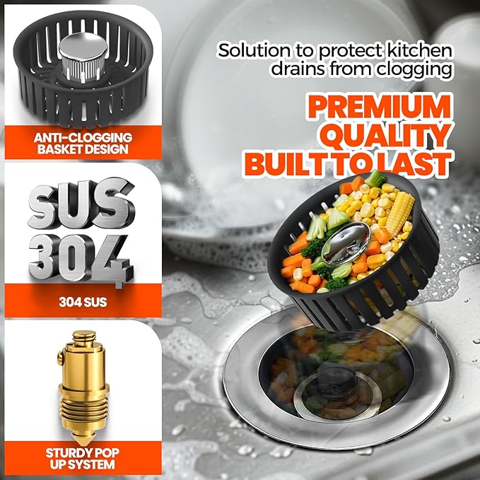 3 in 1 Kitchen Sink Drain Strainer & Sink Stopper Upgraded Stainless Steel Drain Plug with Anti-Clog Basket Drain Stopper Combo