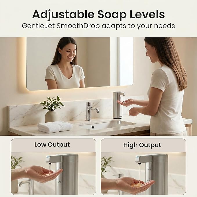 GentleJet SmoothDrop Automatic Liquid Soap Dispenser – Touchless, No-Drip Precision Pump, USB-C Rechargeable, 304 Stainless Steel, Waterproof Countertop Dispenser for Kitchen & Bathroom Sink, 270 ml