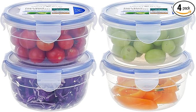 KIGI 4 PACK 20oz Plastic Round Bowls with Lid Leakproof Food Storage Container Set Small Meal Prep Containers Bento Box