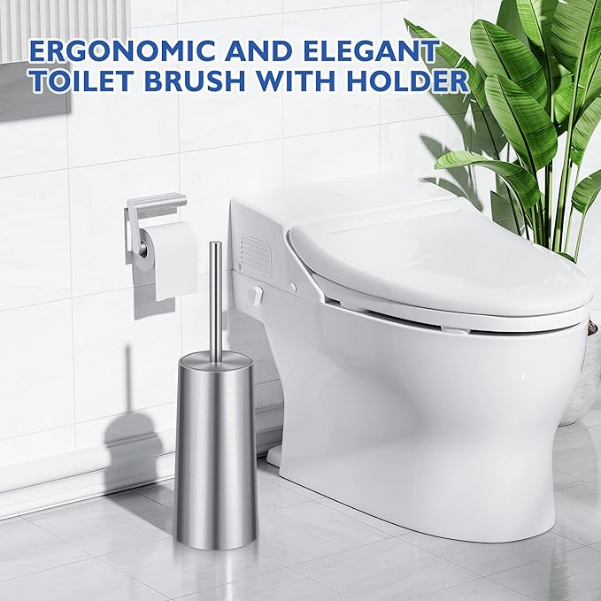 Toilet Brush and Holder, 2 Pack Toilet Brush Stainless Steel, Toilet Bowl Brush for Bathroom Toilet-Ergonomic, Elegant,Durable (Silver)