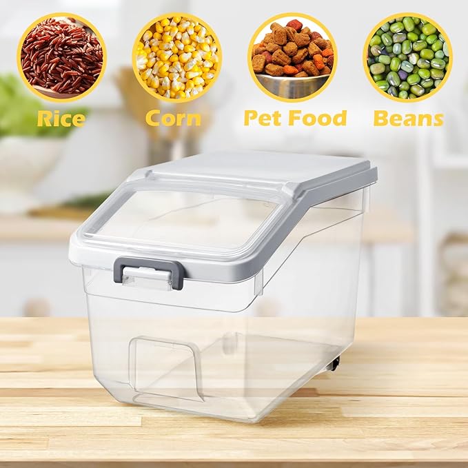 Sunnyray 4 Pcs Rice Storage Container 22 lb Airtight Flour Container with Wheels Measuring Cup Clear Pet Food Cube Dog Cat Birds Food Bin Grain Cereal
