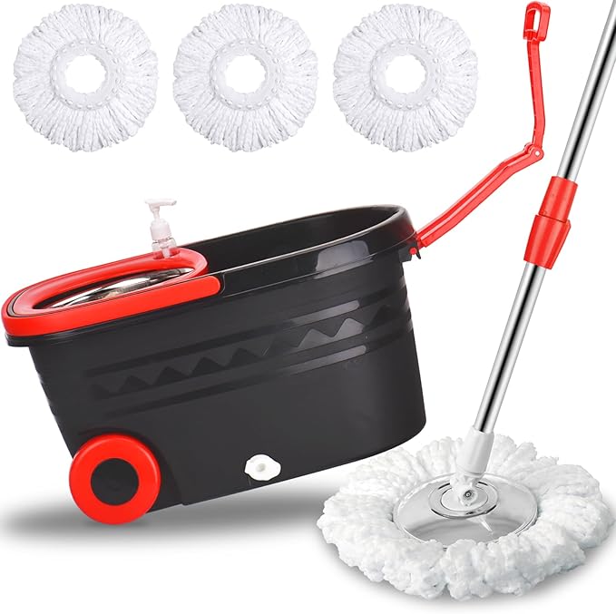 Spin Mop Bucket, Spin Mop Bucket System with 2 Mop Heads, Stainless Steel Mop Cleaning Bucket for Floor Cleaning