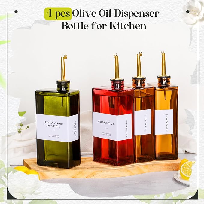 4 Set 17oz Colorful Olive Oil Dispenser Bottles for Kitchen, Uv-blocking Oil and Vinegar Dispenser Set with Labels and Funnel, Leakproof Container for Home Restaurant