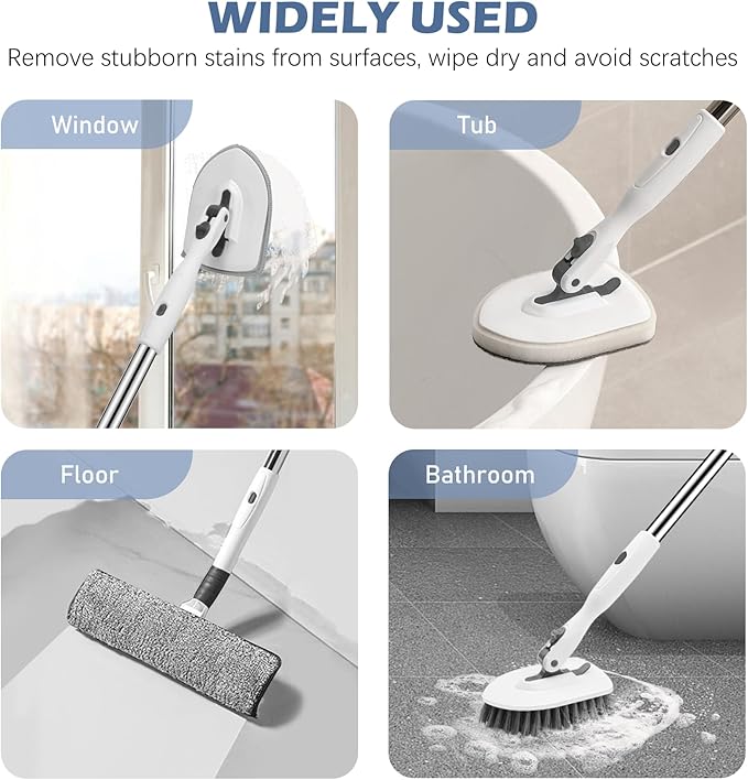 SetSail 4-in-1 Tile Tub Floor Scrubber with 52-inch Adjustable Long Handle Shower Cleaner Brush Comes with Window Scrubber and 3 Replacement Brush Heads for Cleaning Bathroom Tub Tile, White Grey