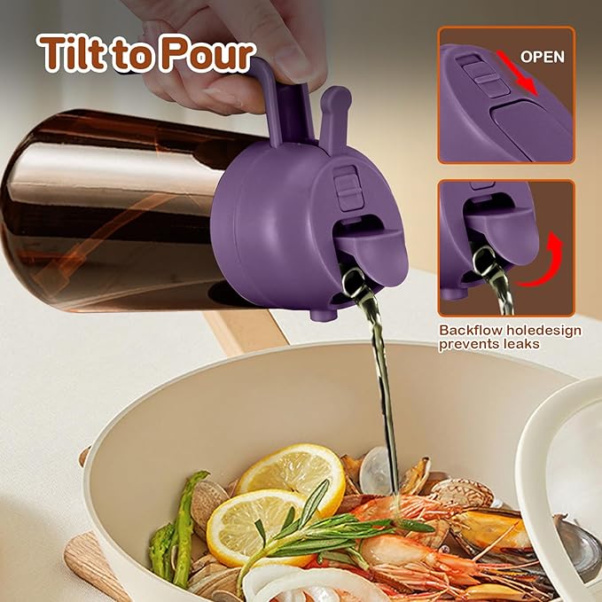 YARRAMATE 2Pcs 16oz/470ml Dark Brown Oil Sprayer for Cooking with Stickers, Food-grade Premium 2 in 1 Olive Oil Dispenser Bottle for Kitchen Gadgets, Air Fryer, Salad, Frying, BBQ (Black&Purple)