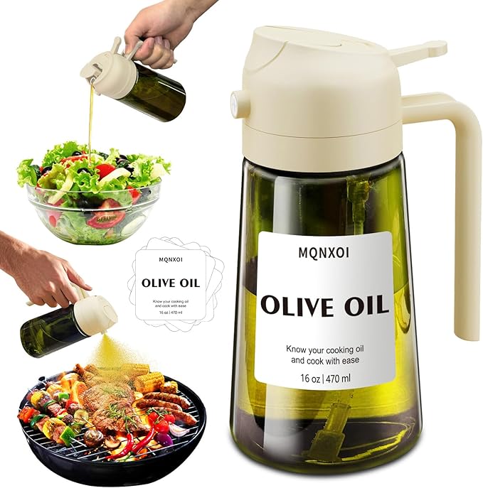 2 in 1 Glass Oil Sprayer & Dispenser,16oz/470ml Olive Cooking, Air Fryer, and Salad, for Kitchen Gadgets and Air Fryer Accessories, w/Stickers (White + Dark Green Bottle1)