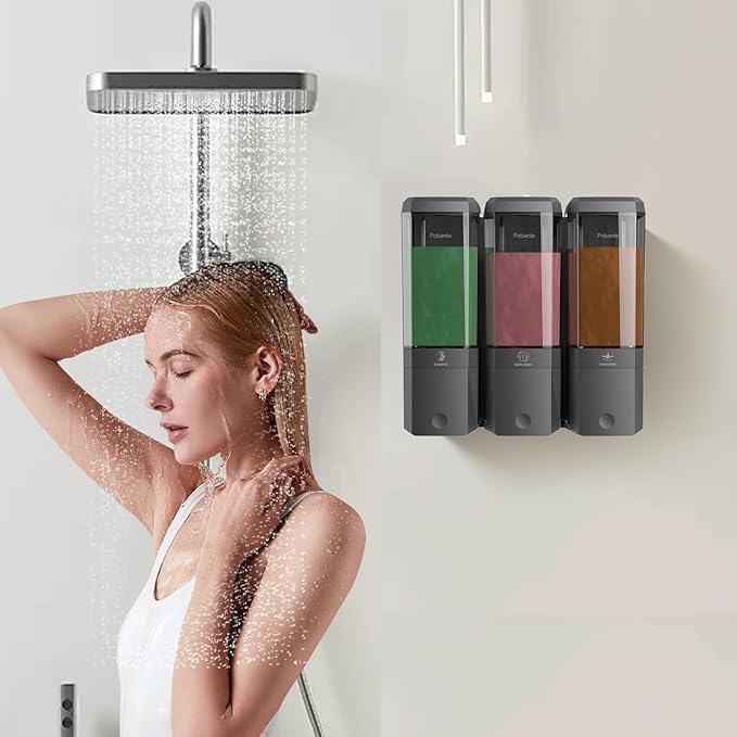 Shampoo and Conditioner Dispenser Wall Mounted, Shower Soap Dispenser No Drill Upadate Easy Slot Install, Shampoo Dispenser for Shower Bathroom Large Capacity 500ml * 3 Chamber Holder Gungray