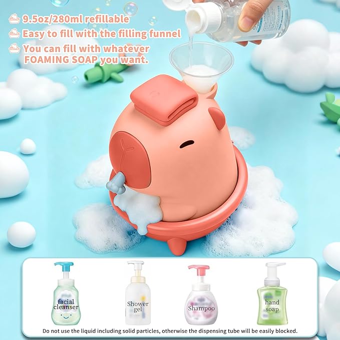 Pink Capybara Soap Dispenser - Kids Automatic Foam Hand Soap Dispenser Touchless,Wall Mount Waterproof USB Rechargeable, 9.5oz for Bathroom, Office, Hotel, Hospital, Preschool Children