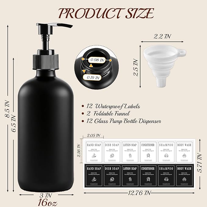 TBWIND 12 Pack 16oz Black Glass Soap Dispenser Bottles with Pumps, Refillable Glass Bottles for Shampoo, Conditioner & Lotion, Ideal for Bathroom, Kitchen, Waterproof Labels & Funnels Included