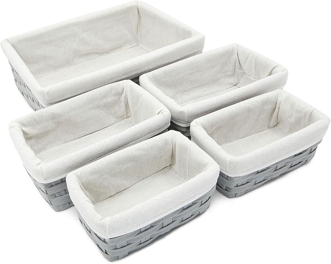 Wicker Nesting Baskets with Cloth Lining, 5-Pack Gray Rectangular Set