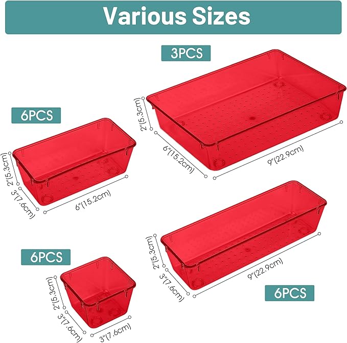 25 PCS Plastic Drawer Organizer Set, Clear Red