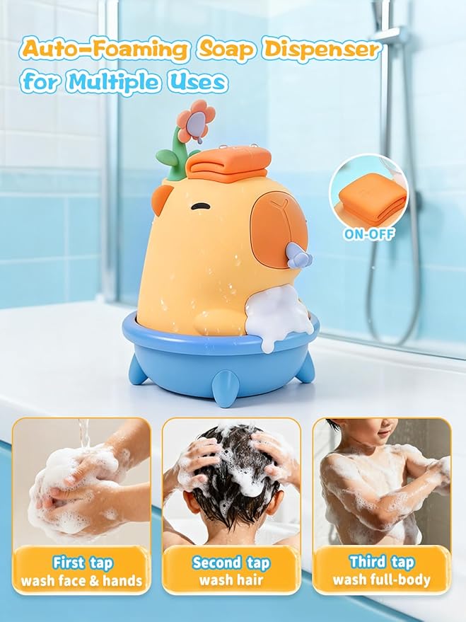 QANYI Capybara Silicone Touchless Soap Dispenser - Automatic Bubble Foam Machine for Kids, IPX7 Waterproof & Rechargeable, Fun Bath Toy to Encourage Child Hygiene from Hand Washing to Bath Time(Blue)