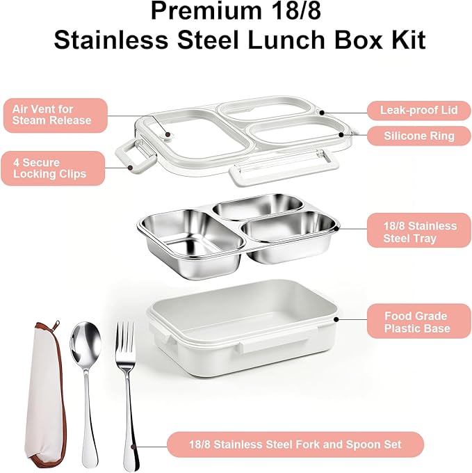 25oz 18/8 Stainless Steel Lunch Box Kit (Bento Box + Fork/Spoon) - 3 Leakproof Compartments - Metal Snack Box for Kids & Adults - School/Office/Travel