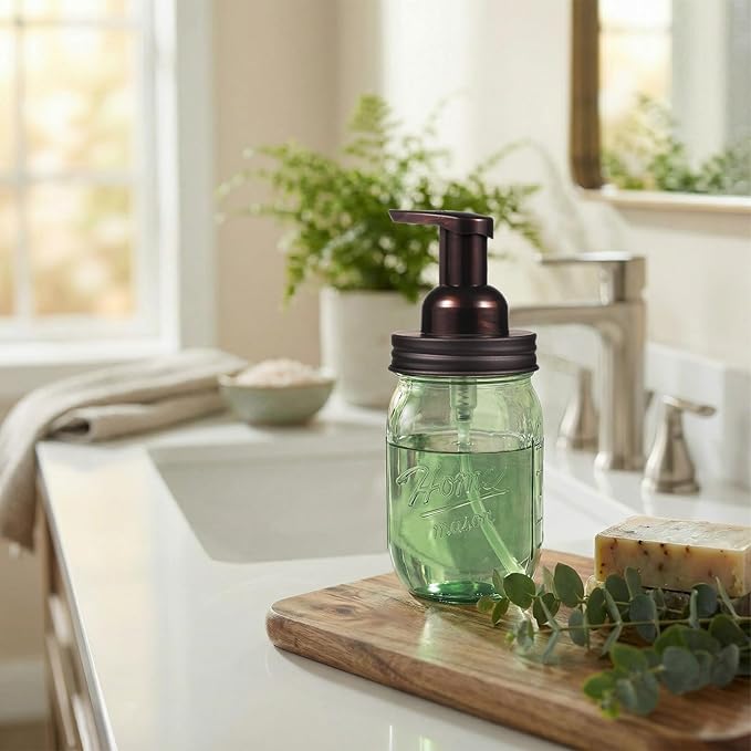 Amolliar Mason Jar Foaming Soap Dispenser, 16OZ Green Glass Hand Soap Dispenser, Plastic Pump & Stainless Steel Lid, Kitchen Dish Soap Bathroom Accessories, Farmhouse Soap Pump Bottle, Bronze 2 Pack