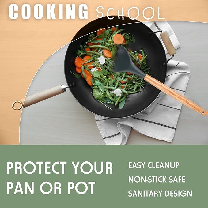 Patelai 2 Pieces Silicone Nonstick Mixing Spoon Kitchen Cooking Spoons Serving Spoon with Wooden Handle Heat Resistant Utensil Spoons for Mixing, Baking, Serving and Stirring(Red, Gray)