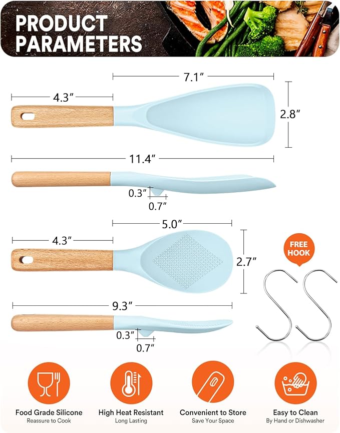 Cooking Spoon and Rice Scooper for Nonstick Cookwares, Great for Cooking and Serving Sturdy BPA-Free Matte Silicone, Wood Handle Spoon for Mixing, Scoop, and Scrape (BLUE)