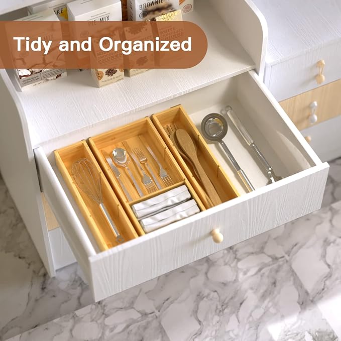 DUJEN Bamboo Drawer Organizer 12.5'' X 12.5'' X 2'', Adjustable 3 Individual Junk Drawer organizer for Bathroom and Kitchen, Wood Drawer Tea Organier Boxes for Silverware, Make up and Tea Bag