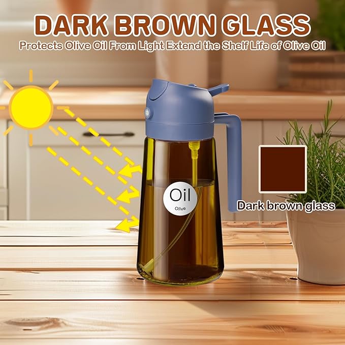 YARRAMATE 16oz/470ml Dark Brown Oil Sprayer for Cooking with Stickers, Food-grade Premium 2 in 1 Olive Oil Dispenser Bottle for Kitchen Gadgets, Air Fryer, Salad, Frying, BBQ (SkyBlue)