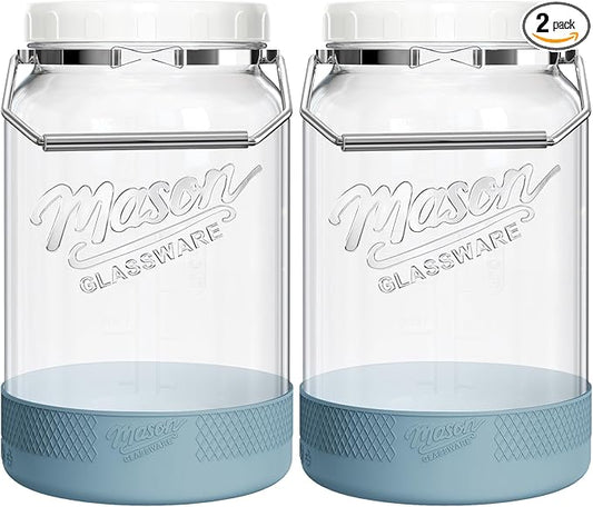 1 Gallon Glass Jar With Lid – 2 Pack Large Wide Mouth Mason Jars with BPA-free Airtight Lid, Sun Tea Jar - Fermenting & Pickling, Food Storage Canisters with Handle & Non-slip Base for Flour