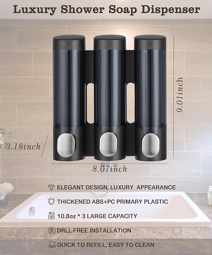 RANKADO Luxury Shower Soap Dispenser 3 Chamber No Drill,Soap Shampoo Conditioner Dispenser Bathroom Wall Mounted with Labels Hotel RV,Black