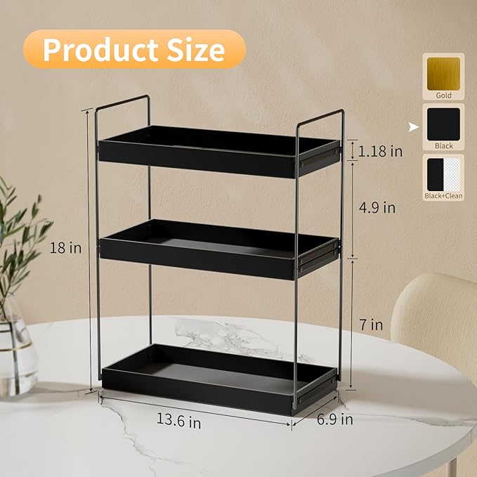 Bathroom Countertop Organizer, 3 Tier Metal Vanity Counter Skincare Shelf, Matte Black Under Sink Standing Rack With Acrylic Tray, Home Storage Holder For Lotion Makeup Cosmetics Perfume Spice