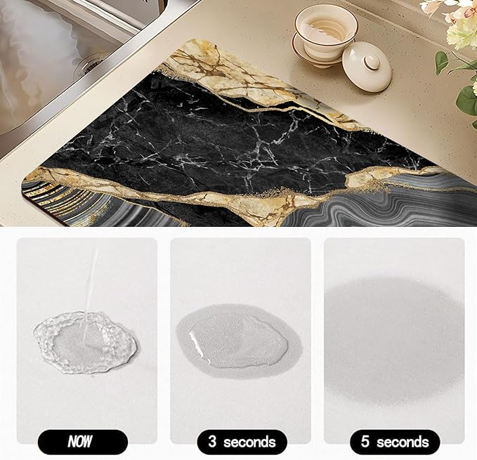 Dish Drying Mat for Kitchen Counter, Black Marble Gold Agate Design, Washable Absorbent Quick Dry Pad with Rubber Backing, Draining Mat for Dishes Coffee Table, 16" x 24"
