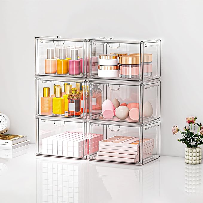 caktraie Acrylic Storage Drawers Set of 6, Clear Makeup Organizer, Plastic Organizer Bins for Beauty Supplies,Ideal for Vanity, Bathroom,Cabinet,Pantry Organization