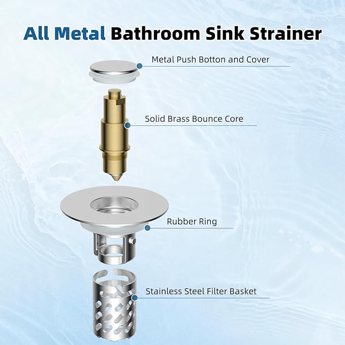 iFealClear 4 Pack All Metal Bathroom Sink Stopper, Pop Up Sink Drain Strainer with Removable Stainless Steel Filter Basket, Universal for 1.1"-2.36" Sink, Brass Bounce Core, Hair Catcher, Chrome