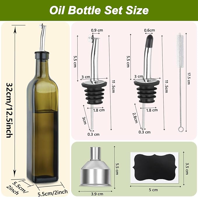2-Pack Olive Oil Dispenser Bottle Set - 17oz/500ml Dark Green Glass Oil and Vinegar Bottles for Kitchen, Includes 2 Stainless Steel Pourers, Funnel, Brush & 4 Chalkboard Labels