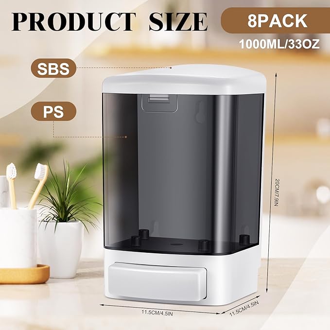 Hushee Manual Hand Soap Dispenser Plastic Wall Mounted Commercial Soap Dispenser for Liquid Containers Kitchen Hotel Restaurant Bathroom Shower Shampoo Gel, Black, 33.8oz/1000ml (8)